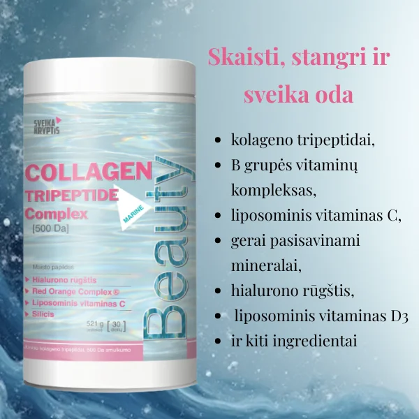 Jūrinis kolagenas kolageno tripeptidai, B grupės vitaminų kompleksas, liposominis vitaminas C, gerai pasisavinami mineralai, hialurono rūgštis, liposominis vitaminas D3 ir kiti ingredientai