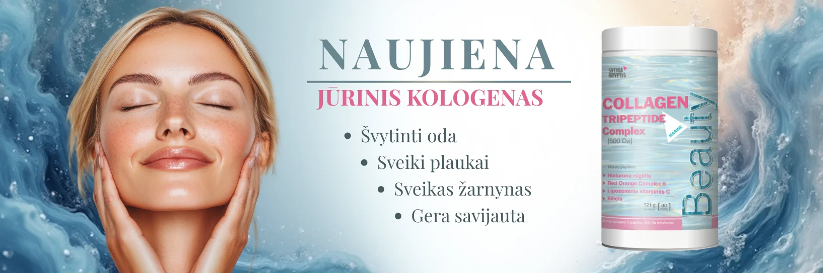 Jūrinis kolagenas 500Da smulkumo su vitaminais ir mineralais žarnynui, švytinti oda, sveiki plaukai, žarnynas, gera savijauta